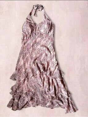 100% Silk Exterior Signature by Sangria Pink Fairy Floral  Halter Maxi Dress